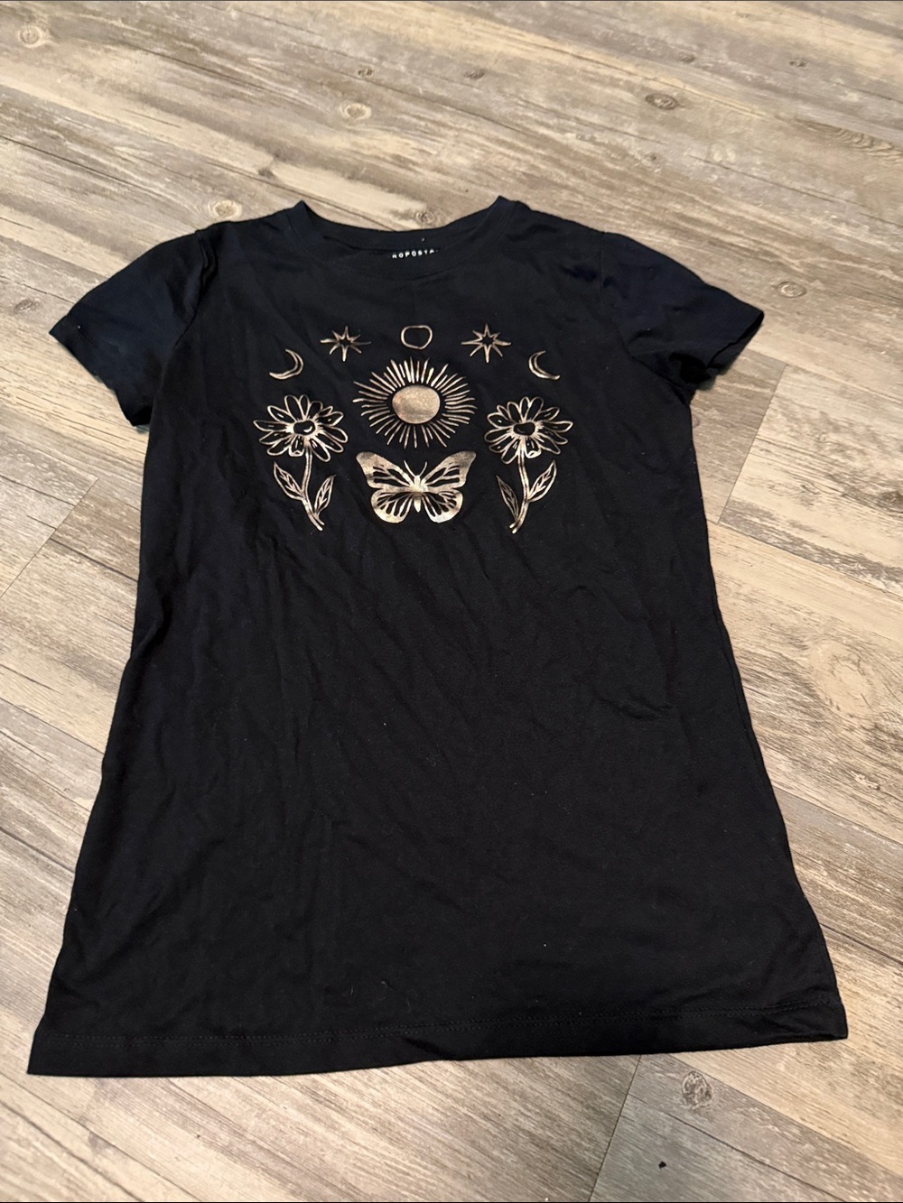 Aeropostale Black Tee with Metallic Gold Celestial & Butterfly Graphic